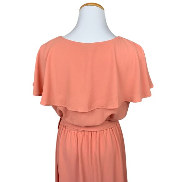 Vici Maxi Dress Peach Coral Flutter‎ Cape Sleeve Tie Waist Front Slit Women's L - Picture 7 of 9